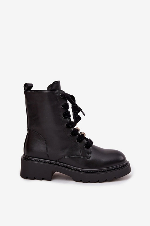 Ocieplane Botki Damskie Z Ozdobnym Sznurowaniem Czarne Elindra