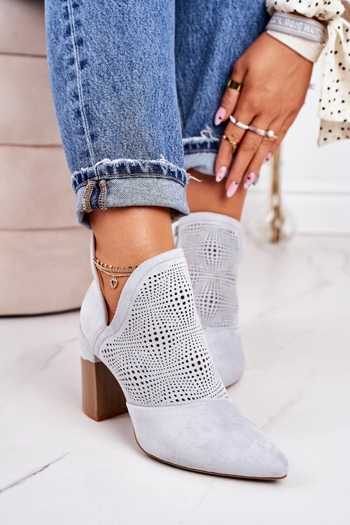 Ażurowe Botki Na Słupku Jasnoszare Michelle