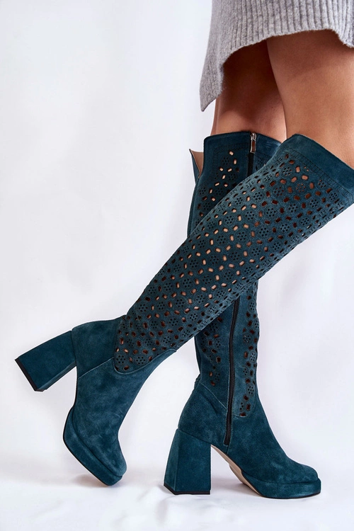 Ażurowe Zamszowe Kozaki Na Obcasie Zielone Castres