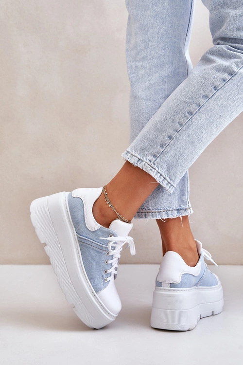 Skórzane Sneakersy Na Masywnej Platformie Jeansowe Lewski 3586 Białe