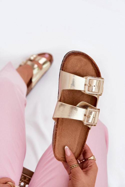 Klapki Damskie Z Klamrami Na Korkowej Podeszwie Złote Sercele