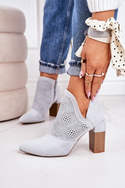 Ażurowe Botki Na Słupku Jasnoszare Michelle