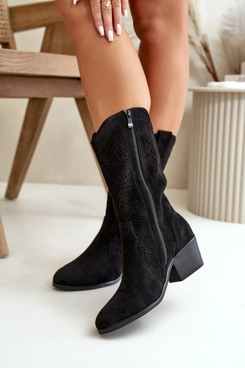 Ażurowe Damskie Botki Kowbojki Na Obcasie Czarne Iceda