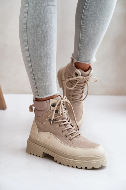 Botki Trapery Damskie Sznurowane Beżowe Rabaria