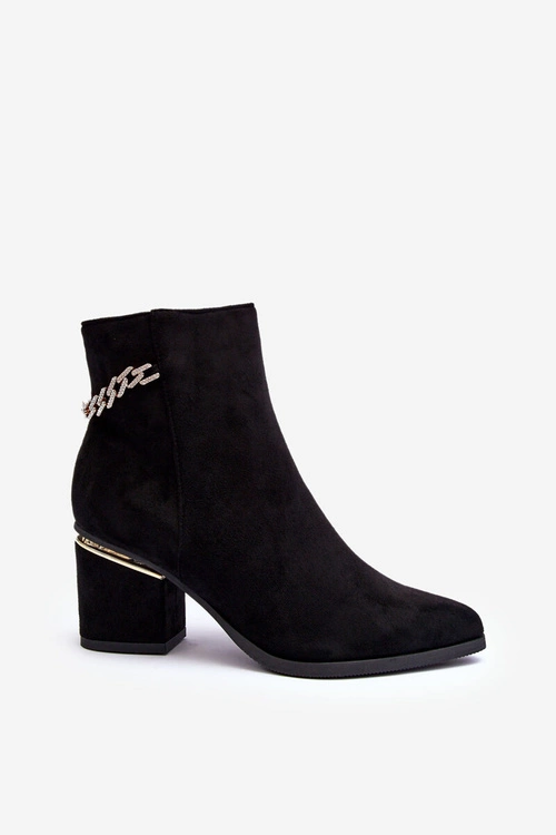 Zamszowe Botki Na Obcasie Z Biżuteryjną Ozdobą Czarne Jadirel