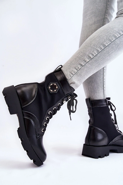 Damskie Sznurowane Botki Trapery Z Ociepleniem Czarne Nomi