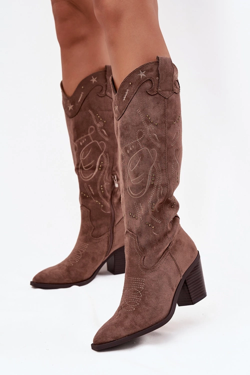 Kozaki Kowbojki Damskie Na Słupku Z Eko Zamszu Khaki Coretta