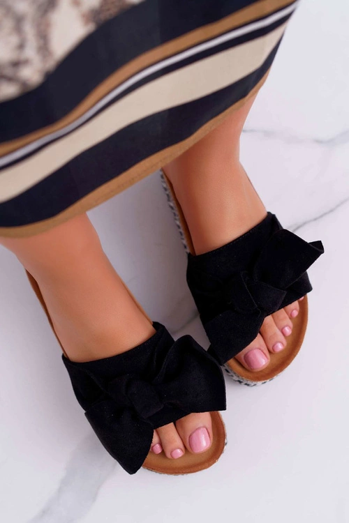 Klapki Damskie Na Platformie Z Kokardą Czarne Chantal