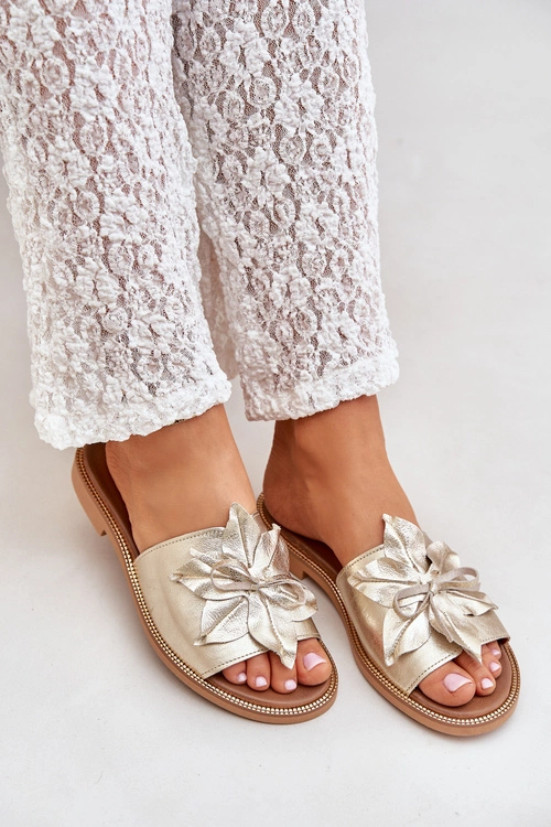 Klapki Z Ozdobą Skóra Naturalna Zazoo 3667 Złote