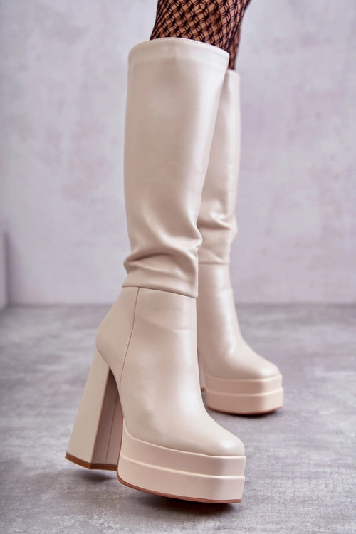 Modne Skórzane Kozaki Na Masywnym Obcasie Beżowe Meggie