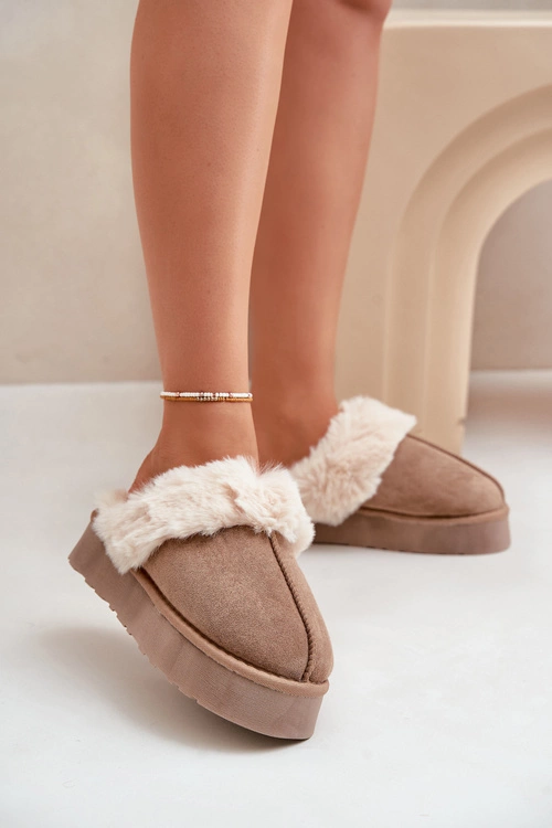 Kapcie Śniegowce Damskie Na Grubej Podeszwie Z Futerkiem Ciemnobeżowe Doriola