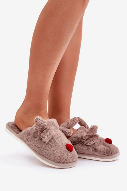 Futrzane Kapcie Damskie Z Motywem Renifera Ciemnobeżowe Sennalith