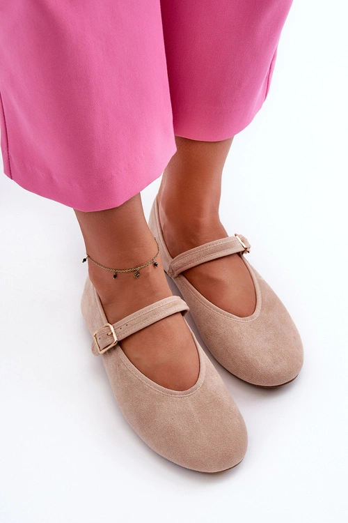 Baleriny Z Eko Zamszu Zapinane Na Sprzączkę Beżowe Anlofi