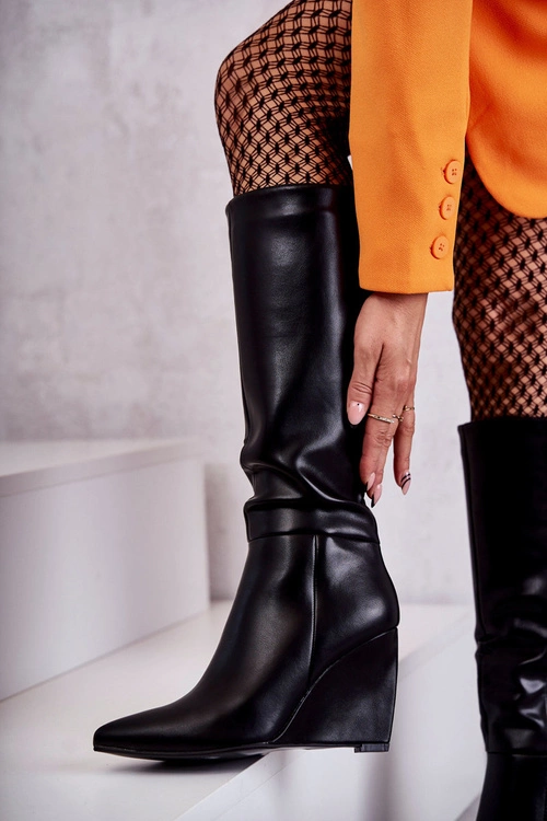 Skórzane Damskie Kozaki Na Koturnie Czarne Arlene