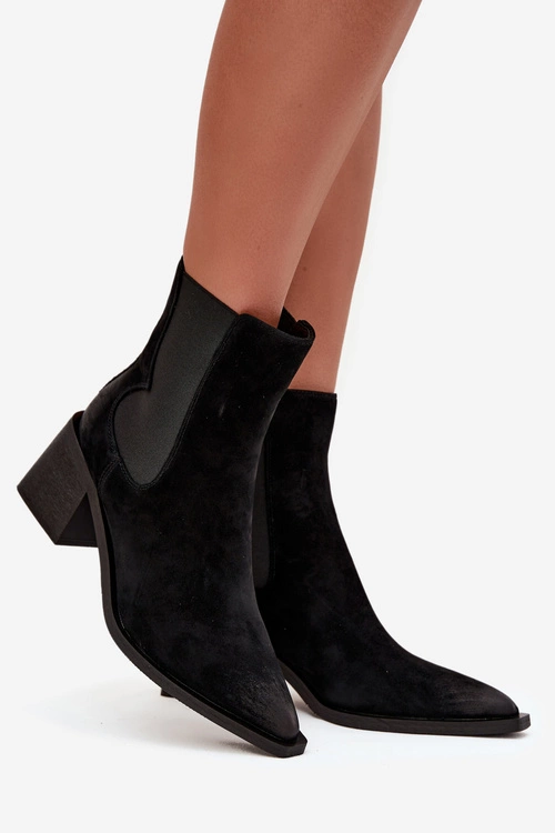 Skórzane Zamszowe Botki Damskie Na Słupku Ocieplane Artiker 57C0049 Czarne