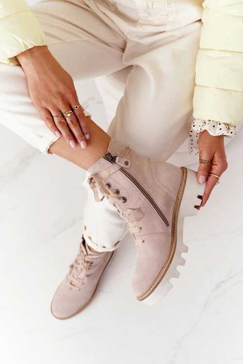 Zamszowe Ażurowe Botki Maciejka Beżowe 05033-04