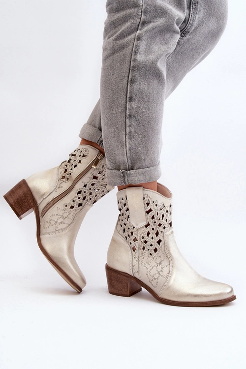 Zazoo 3394 Damskie Botki Na Obcasie Ażurowe Złote