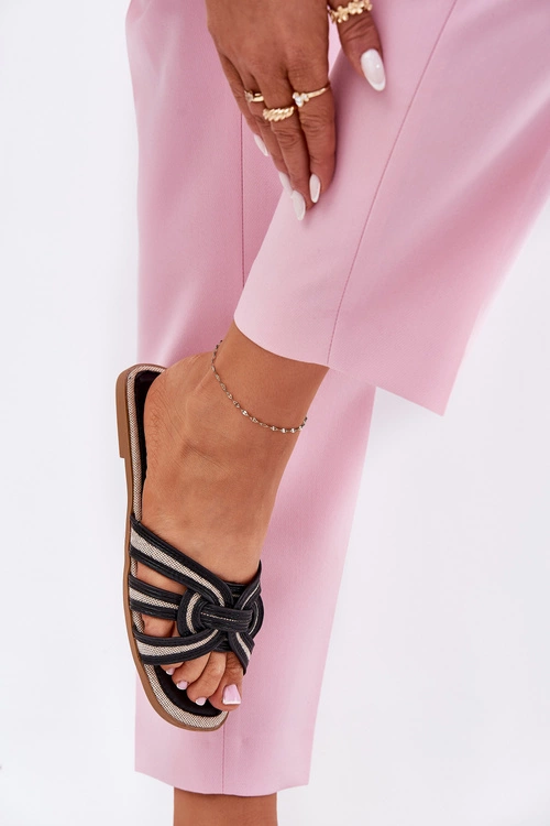 Klapki Damskie Płaskie Z Przeplatającymi Się Paskami Czarne Acimine