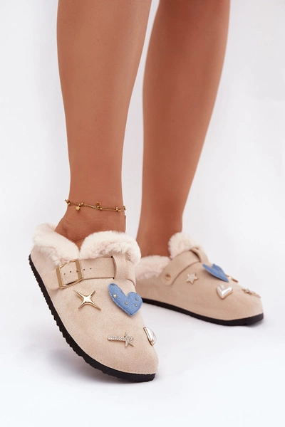 Kapcie Damskie Z Ozdobami I Klamrą Ocieplane Futerkiem Beżowe Thalora