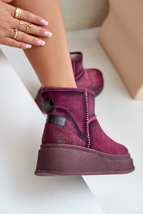 Skórzane Zamszowe Śniegowce Botki Na Platformie I Koturnie Maciejka 06769-23 Bordowe