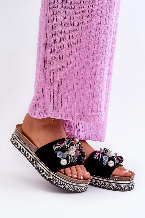 Klapki Damskie Na Platformie Z Ozdobami S.Barski HY077 Czarne