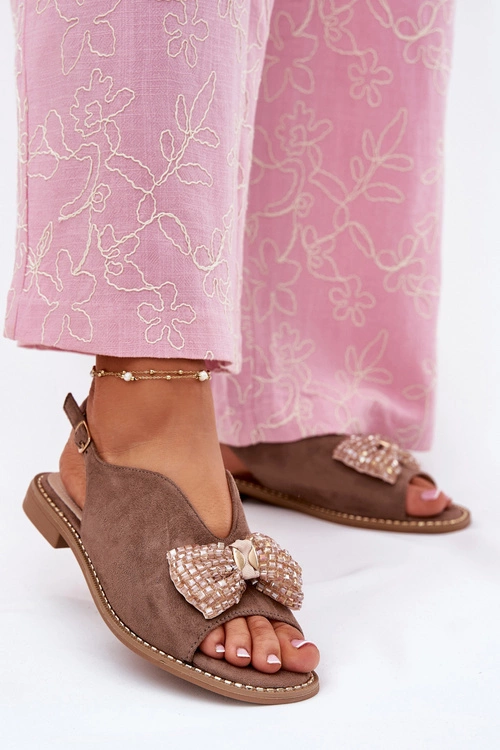 Sandały Damskie Z Kokardą Na Płaskim Obcasie S.Barski KV51-014 Ciemnobeżowe