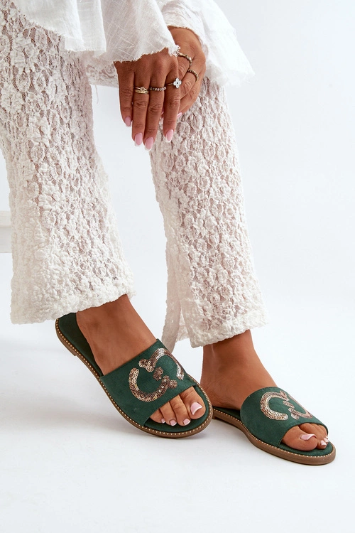 Damskie Płaskie Klapki Z Cekinami S.Barski KV27-052 Zielone