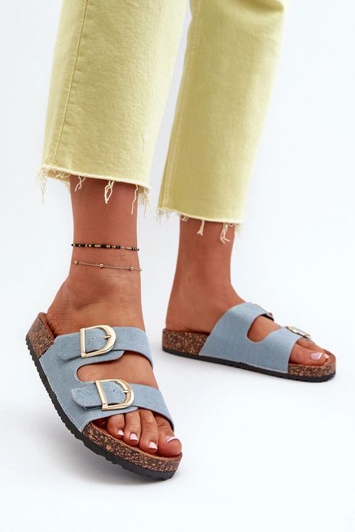 Jeansowe Damskie Klapki Na Korkowej Platformie Z Paskami Niebieskie Doretta