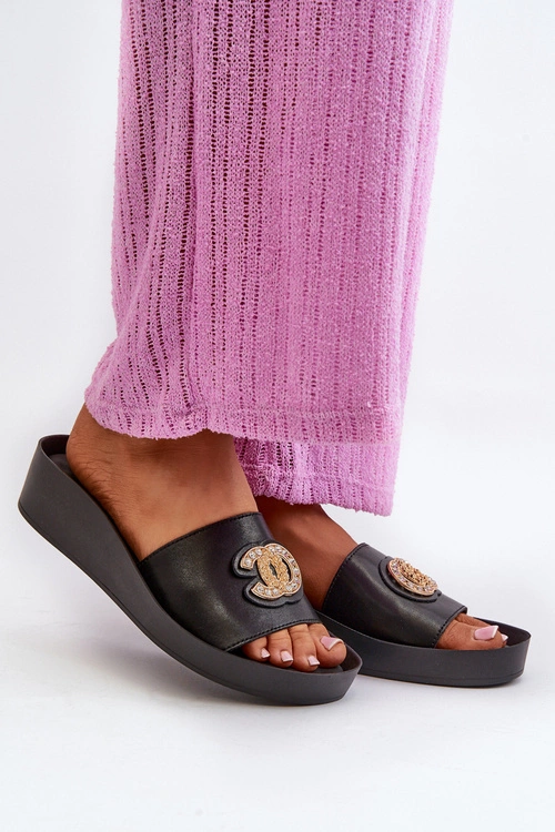 Eleganckie Lekkie Klapki Damskie Z Ozdobą Skóra Naturalna S.Barski KV27-013 Czarne