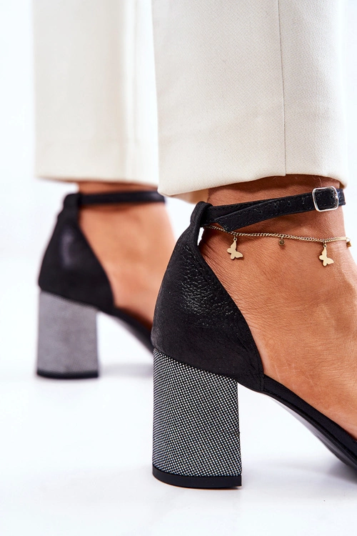 Skórzane Sandałki Na Słupku Czarno-Srebrne Lorene