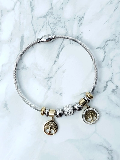 Damska Bransoleta Na Stalowej Lince Ze Złotymi Zawieszkami Charms