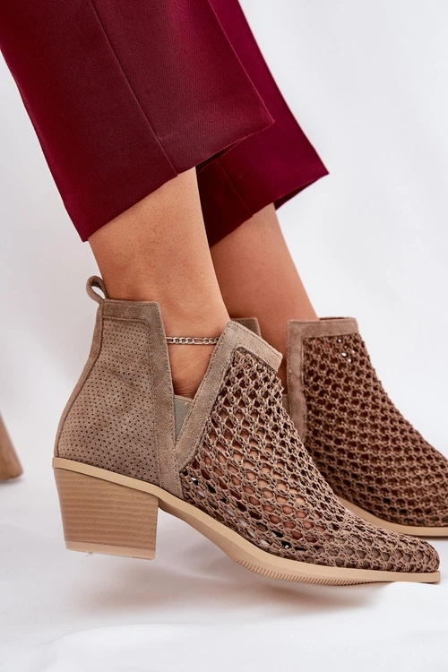 Ażurowe Botki Damskie Na Obcasie Z Wycięciami I Plecionką Khaki Tulifedi