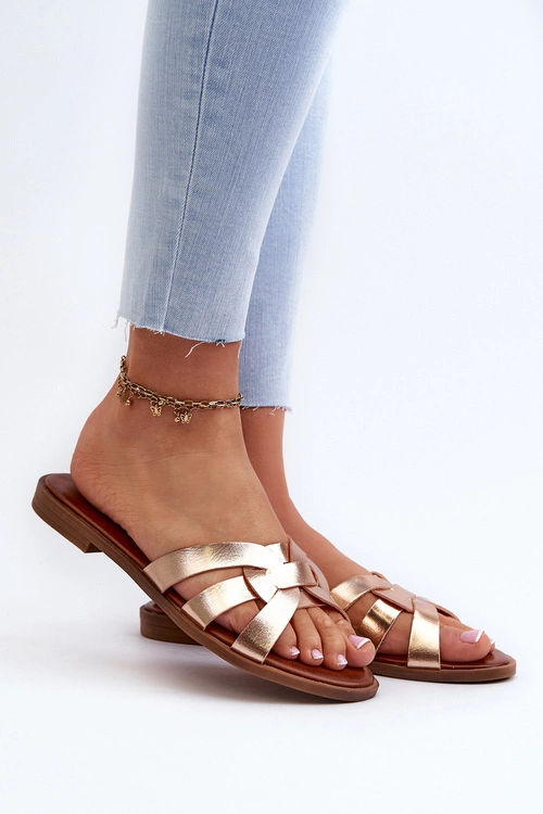 Damskie Klapki Na Płaskim Obcasie Z Eko Skóry Złote Rosalini