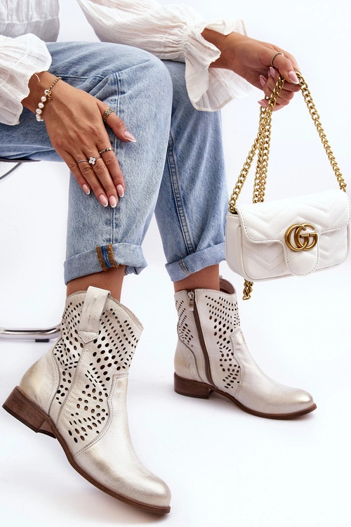 Zazoo 3305/2 Damskie Skórzane Ażurowe Botki Kowbojki Złote