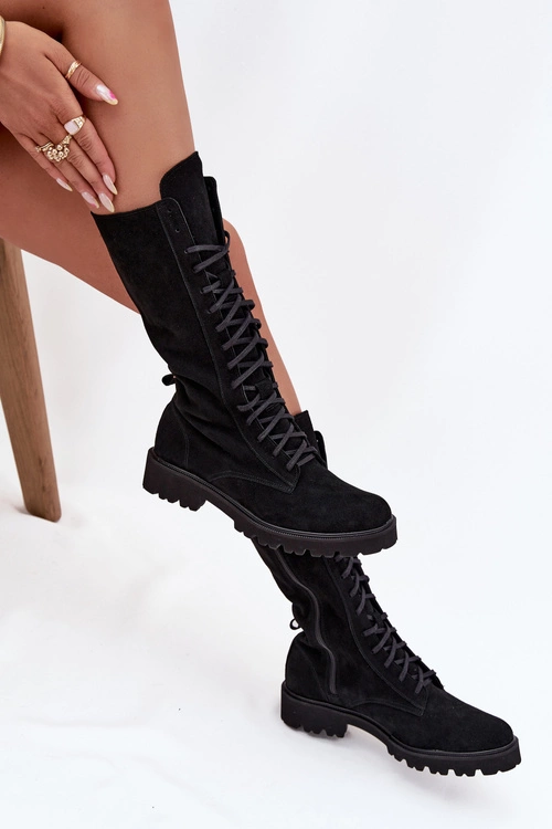 Zamszowe Botki Ze Sznurowaniem Do Połowy Łydki Zazoo 3103 Czarne