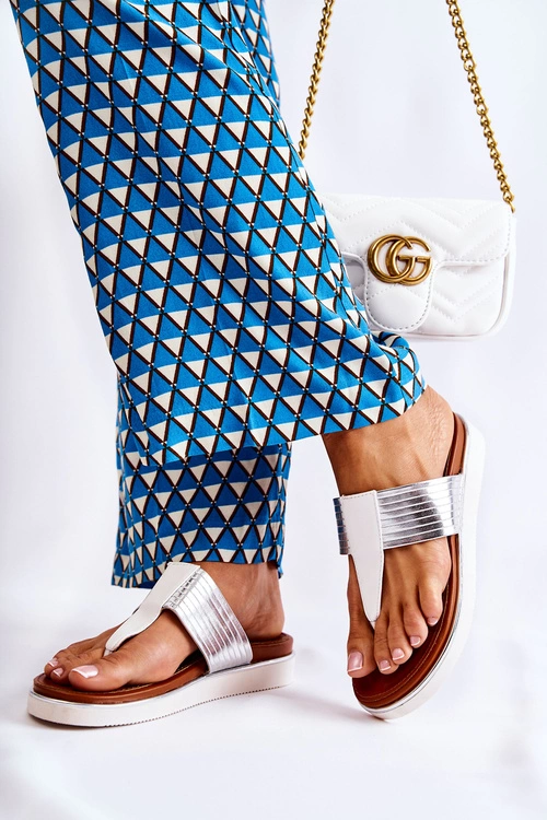 Damskie Klapki Japonki Na Platformie Biało-Srebrne Morissa