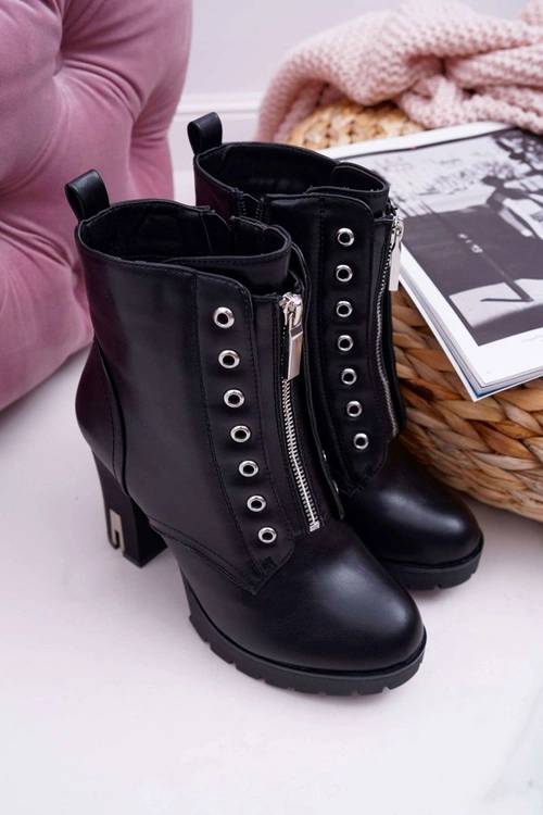 Botki Damskie Na Słupku Ozdobny Suwak Czarne Imagine