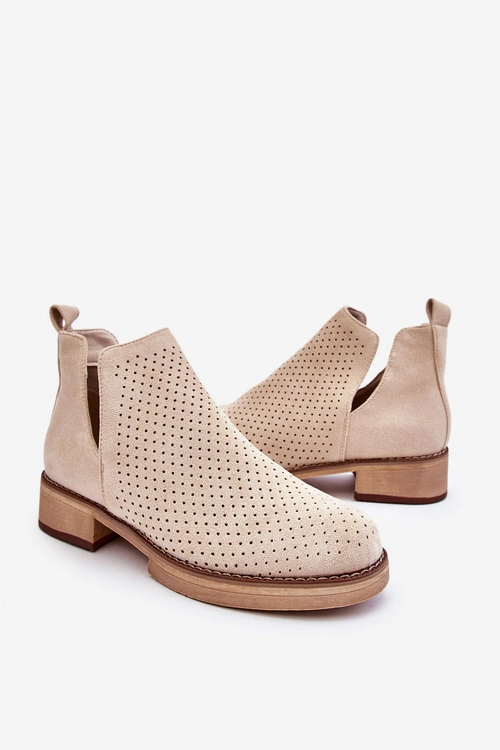 Zamszowe Ażurowe Botki Na Płaskim Obcasie Beżowe Angie