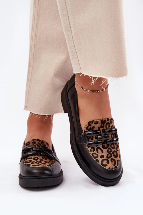 Skórzane Mokasyny Z Ozdobą I Panterką Laura Messi 2965 Czarne