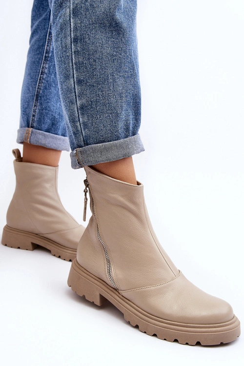 Damskie Skórzane Botki Na Płaskim Obcasie Laura Messi 2620/199 Jasnobeżowe