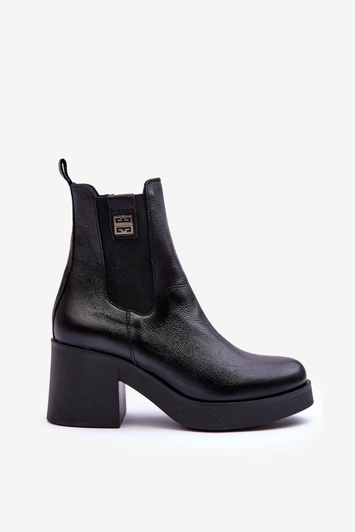 Skórzane Damskie Botki Na Obcasie Czarne Lemar Kodra