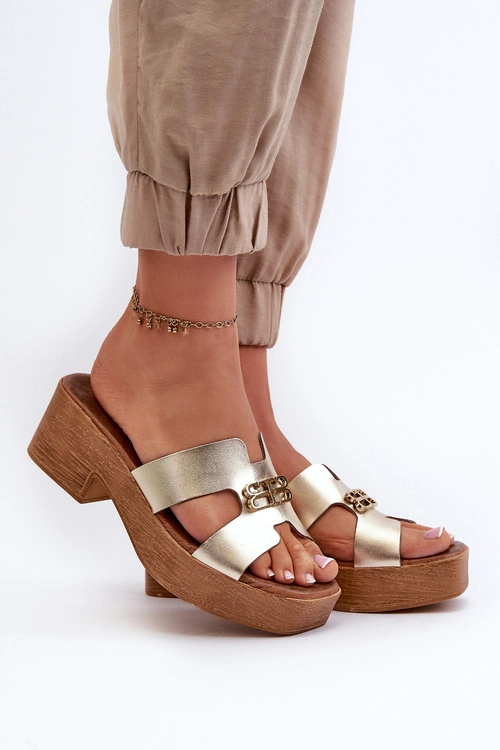 Zazoo 40412 Skórzane Eleganckie Klapki Damskie Z Ozdobą Złote