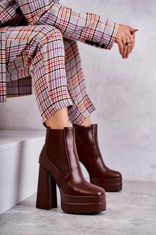 Damskie Skórzane Botki Na Masywnym Obcasie Brązowe Jones