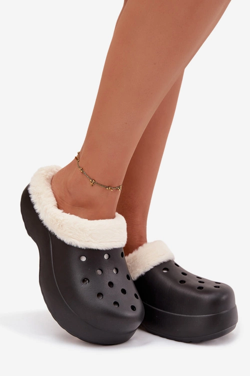 Piankowe Klapki Damskie Ocieplane Futerkiem Czarne Palvine