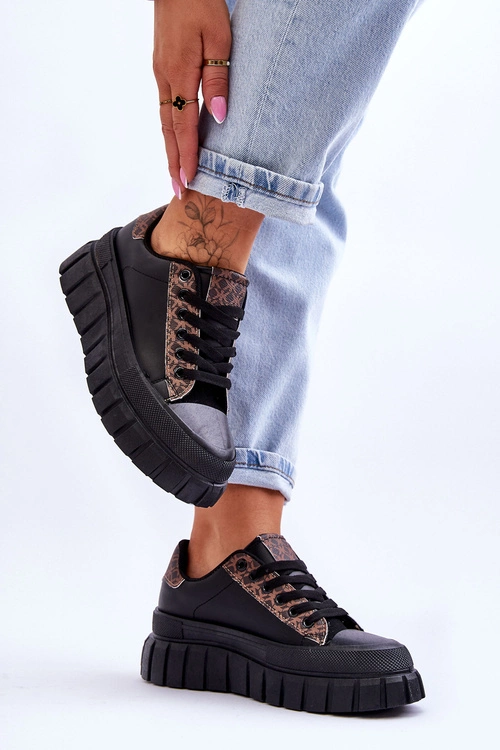 Damskie Skórzane Buty Sportowe Na Platformie Czarne Alison