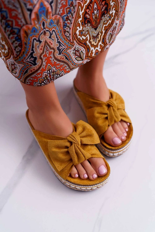 Klapki Damskie Z Kokardami Gruba Podeszwa Żółte Milady