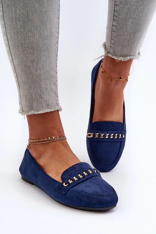 Błyszczące Mokasyny Damskie Z Łańcuchem Granatowe Aredilla