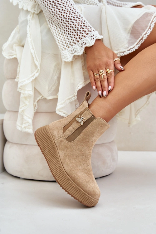 Wsuwane Botki Damskie Na Platformie Z Przypinką Eko Zamszowe Brązowe Ciatheia