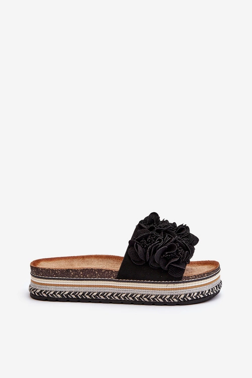 Klapki Damskie Na Platformie Ozdobione Kwiatkami Czarne Nodina