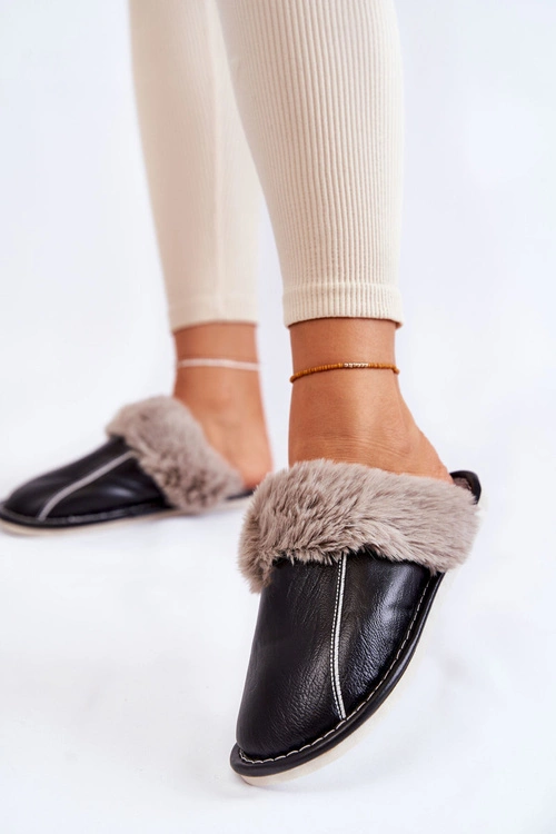 Damskie Skórzane Papcie Z Futerkiem Czarne Rossa